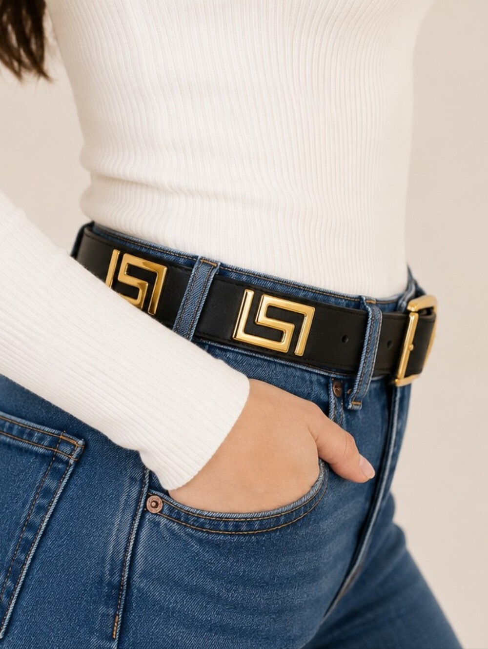 Vtg Y2K Express Compagnie Internationale Genuine Leather Greek Key Belt Black - Picture 13 of 16